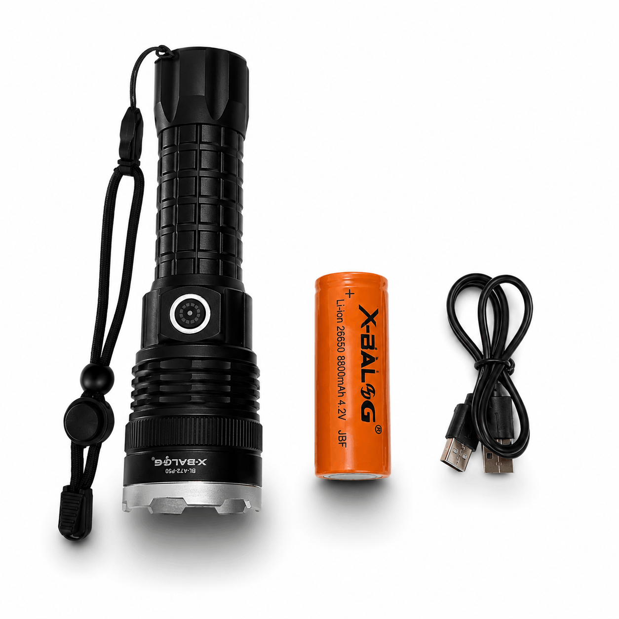 Leistungsstarke LED-Taschenlampe X-BALOG P50 mit Akku und USB-Ladefunktion – 17 cm